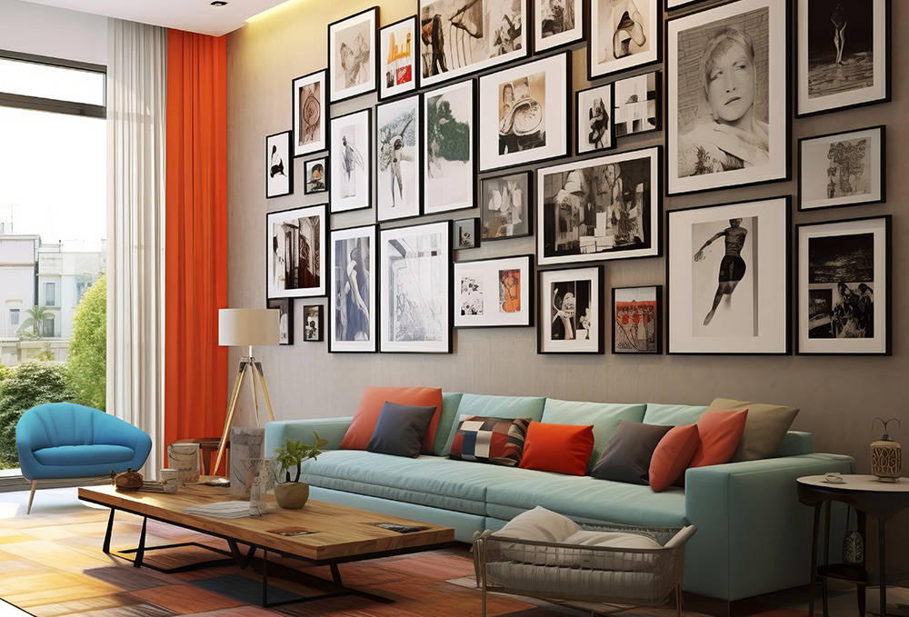 Fotogalerie a nástěnné obrazy v moderním obývacím pokoji.
