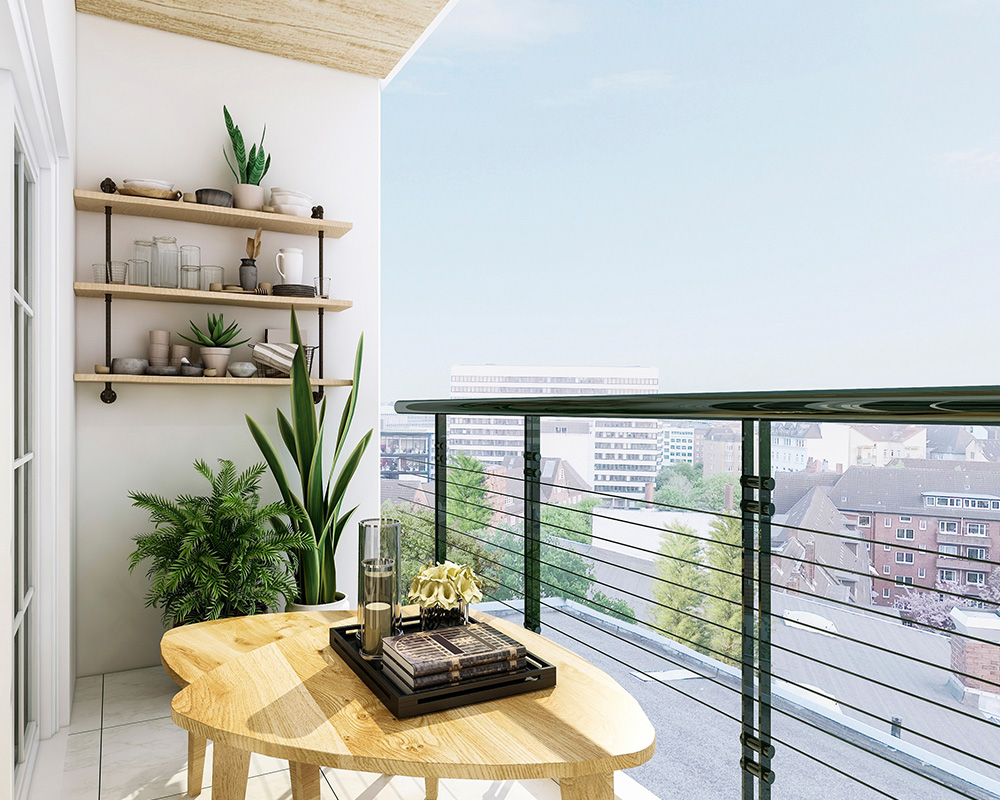 Úzký, malý balkon v panelovém domě, moderně zařízený.