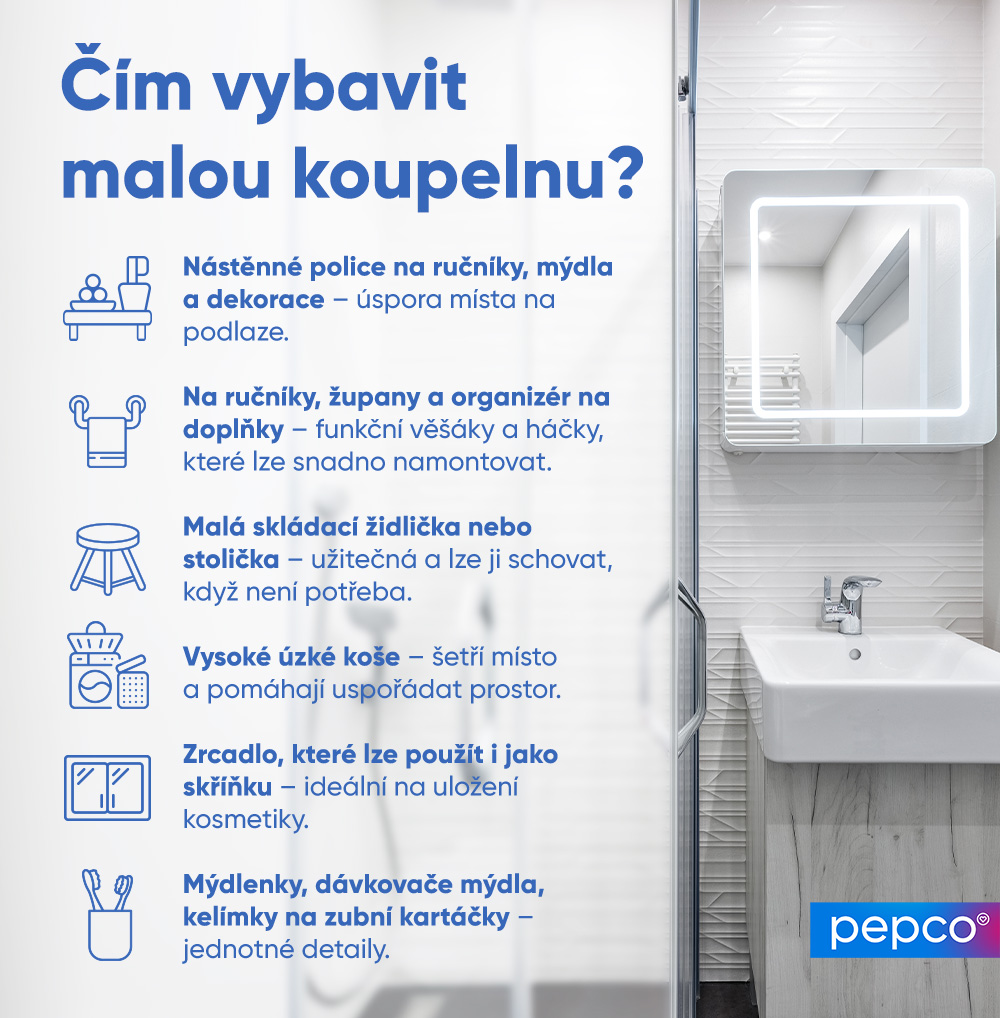 Infografika Pepco o výběru dekorací a doplňků do malé koupelny