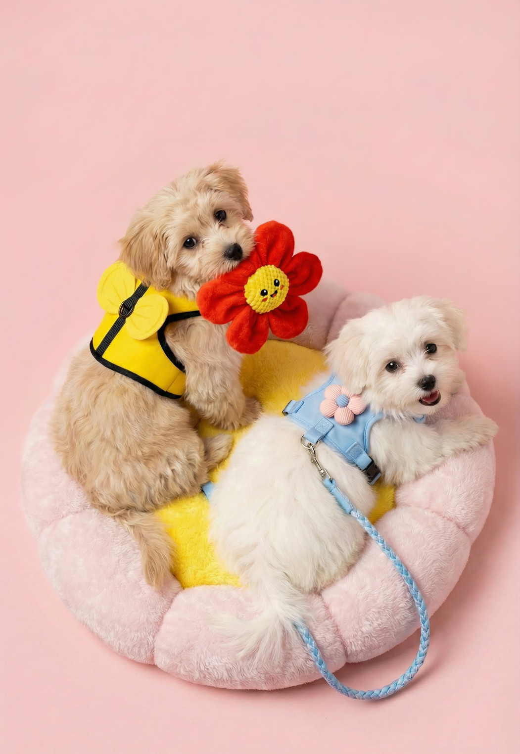 Pes drží barevnou hračku.